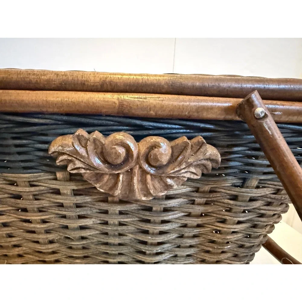 Vintage Woven Wicker Picnic Basket Two Tone Brown Hinged Lid Wood Base Handles